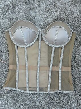 Nude Rhinestone-Trim Strapless Mesh Bustier